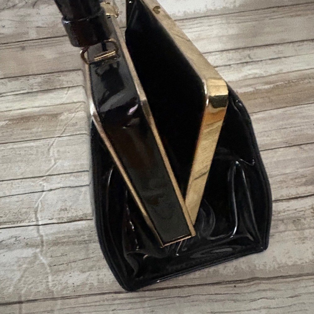 VTG 60s Top Handle Purse Bag Glossy Black Vinyl Framed Kelly Style Retro Classy - Picture 11 of 11